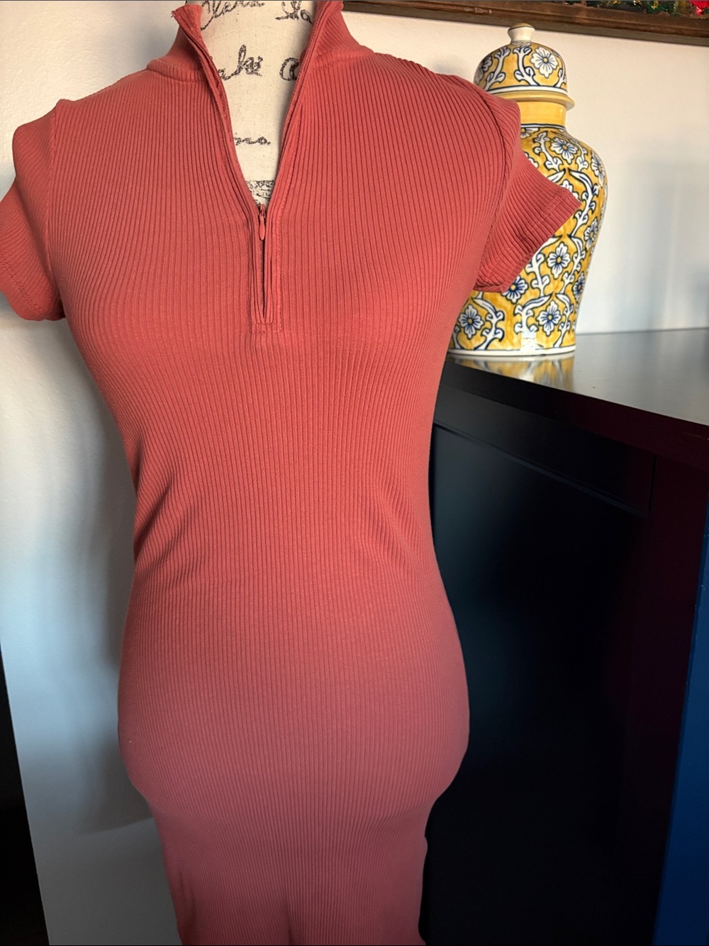 Cotton On Ribbed Half-Zip Short Sleeve Tunic - Rust